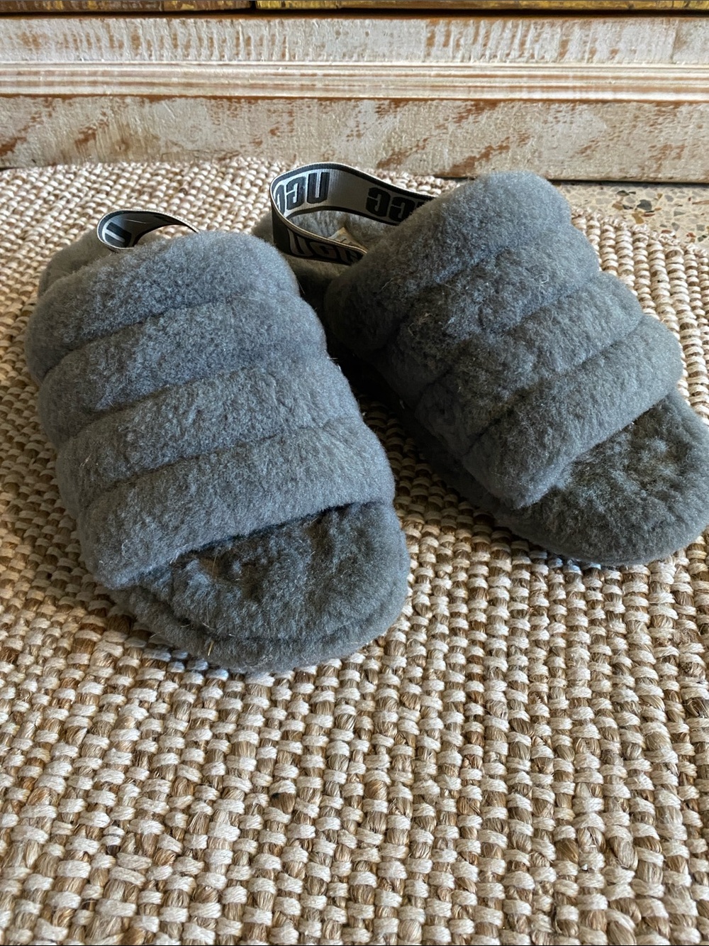 UGG Gray Fuzzed Slide Sandals with Branded Heel Strap